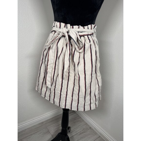Striped Cotton Linen Blend Knee-Length Skirt With Button Front & Tie Waist‎ - Picture 3 of 6